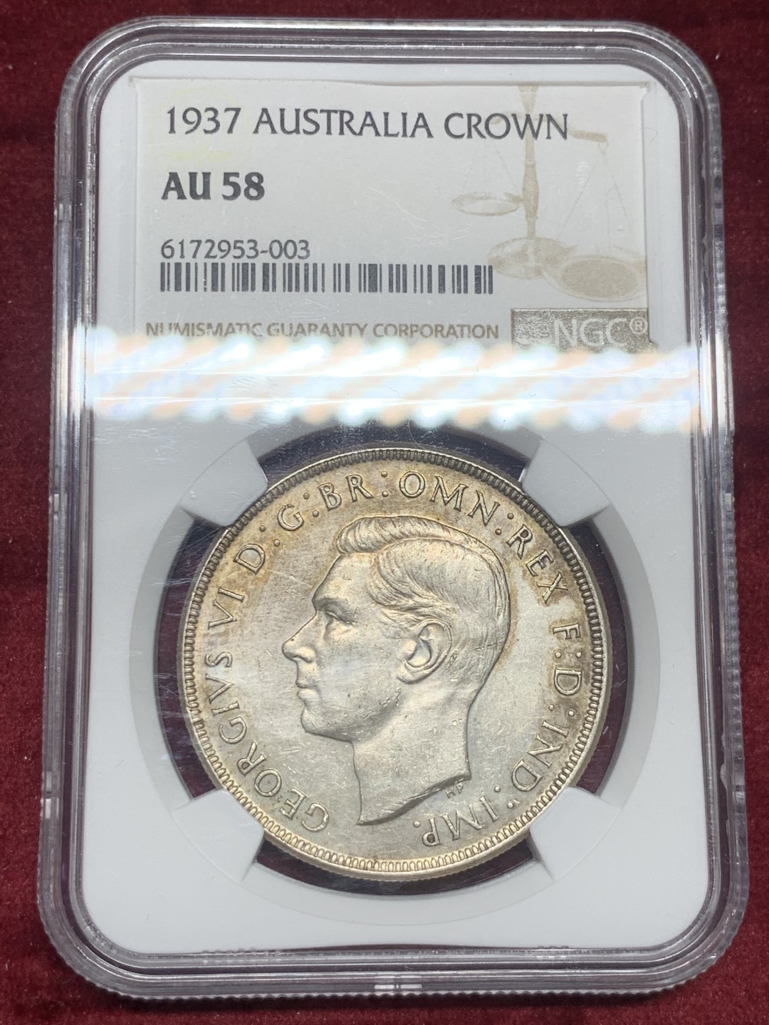 《竞宝斋》第63场-本周日 （全场不限金额包邮） ngc58分1937年澳大利亚乔治六世花冠1克朗，币面带一些黄油包浆挺漂亮的。