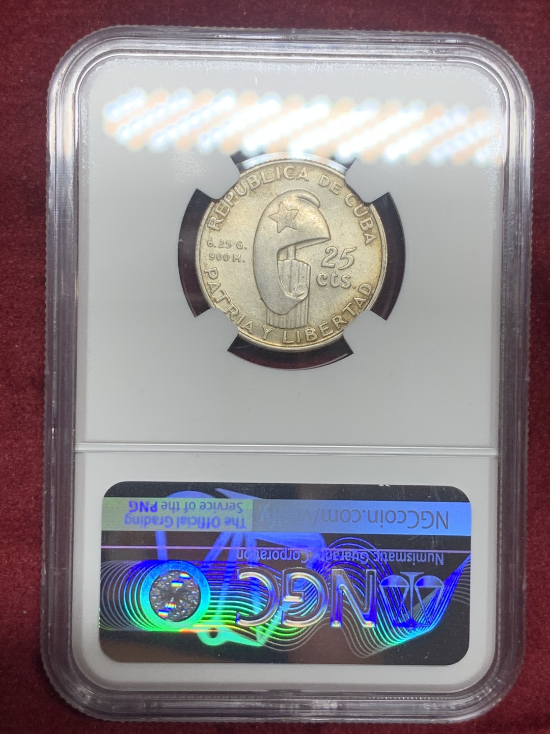 《竞宝斋》第63场-本周日 （全场不限金额包邮） NGC-MS61 古巴 1953年 马丁 25分 原光好品银币