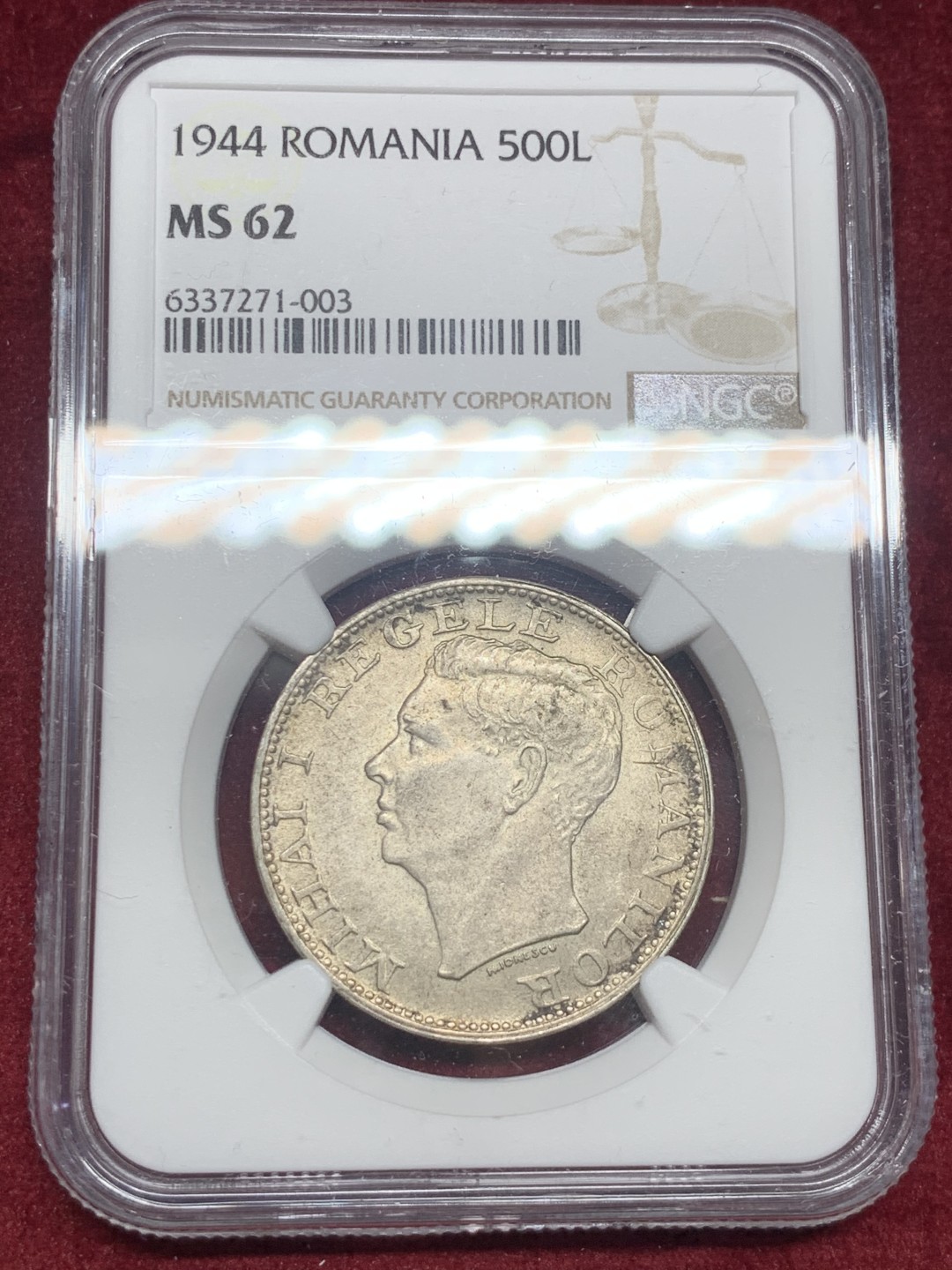 《竞宝斋》第63场-本周日 （全场不限金额包邮） NGC-MS62 罗马尼亚 1944年 500列伊 银币 原光好品