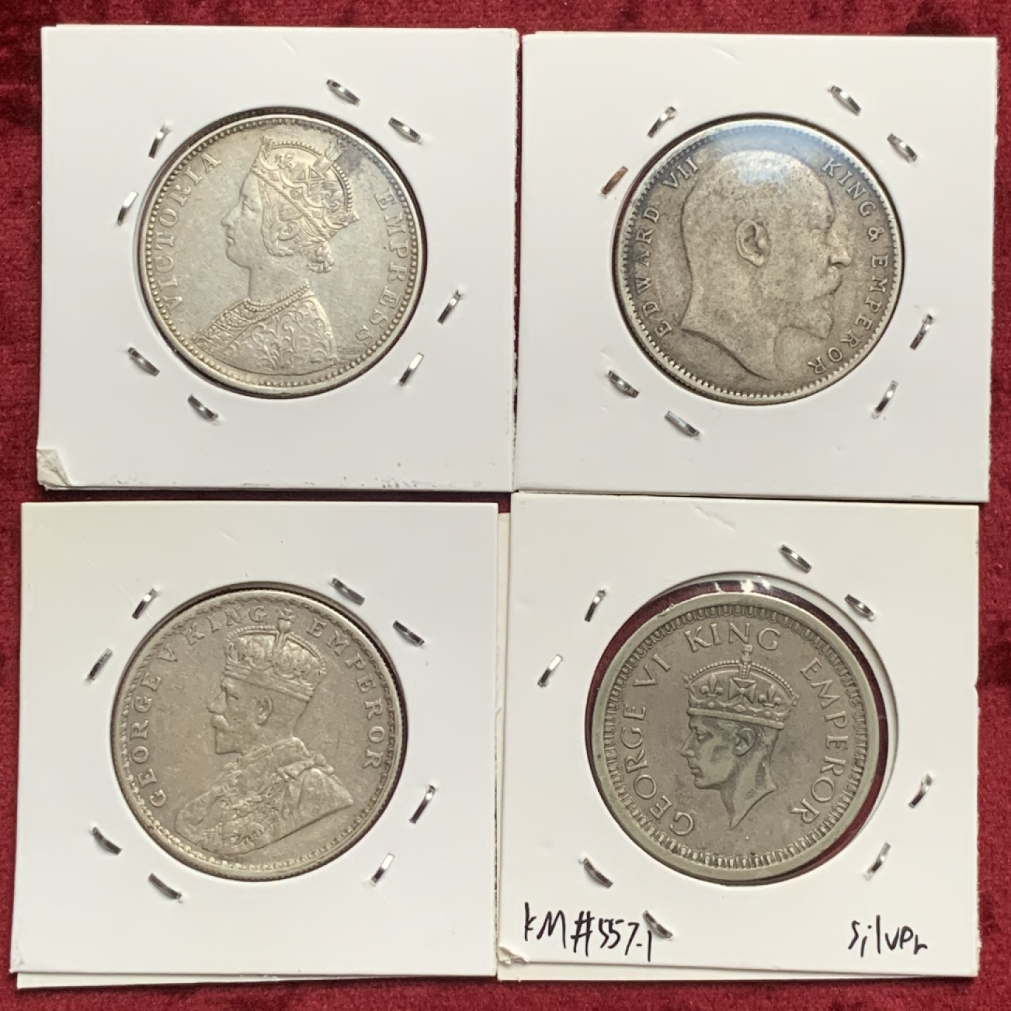 《竞宝斋》第63场-本周日 （全场不限金额包邮） 英属印度 维多利亚 ，爱七，乔五，乔六1卢比银币4枚一起，好品币面带光，爱七老包浆。