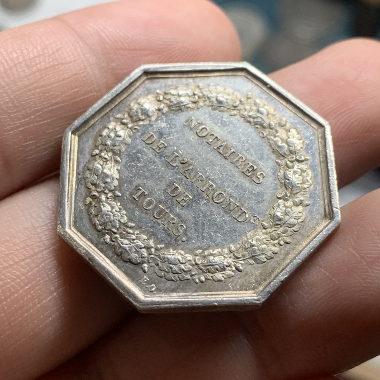 《竞宝斋》第63场-本周日 （全场不限金额包邮） 法国1880-1901年间图尔斯公证人八角银章  31mm，11.9克，Aregnt边铭