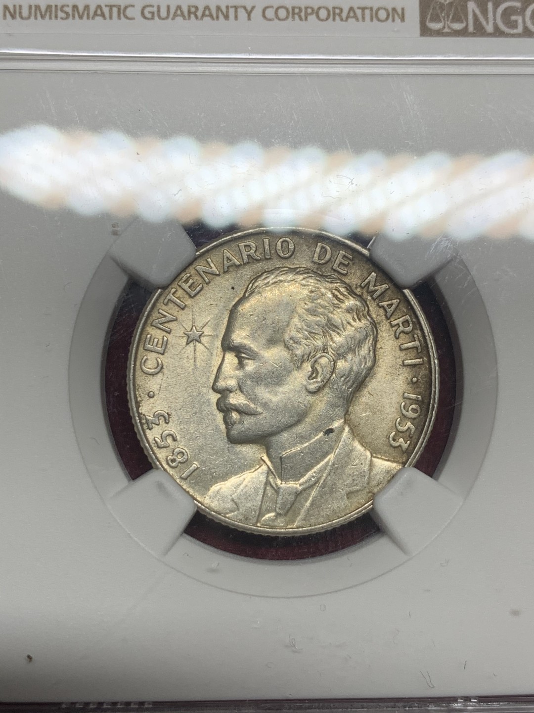 《竞宝斋》第63场-本周日 （全场不限金额包邮） NGC-MS61 古巴 1953年 马丁 25分 原光好品银币