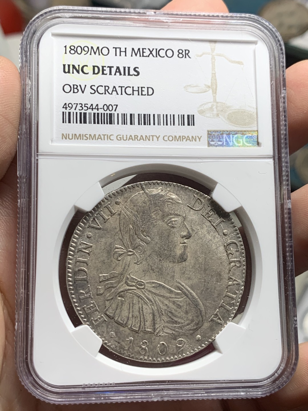《竞宝斋》第63场-本周日 （全场不限金额包邮） NGC-UNCD 墨西哥双柱 费迪南七世 1809 TH   8里亚尔    费七过度年份  臆想头像 非常少见头像  光度一流 双柱热门  原味包浆 收藏最佳
