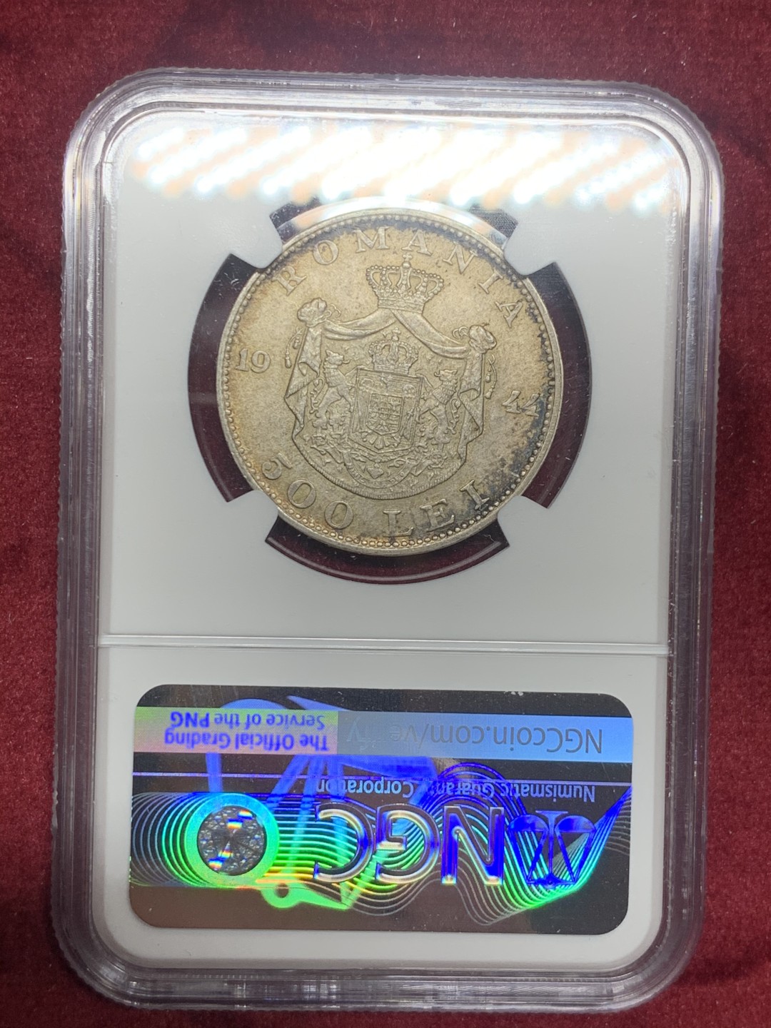 《竞宝斋》第63场-本周日 （全场不限金额包邮） NGC-MS62 罗马尼亚 1944年 500列伊 银币 原光好品