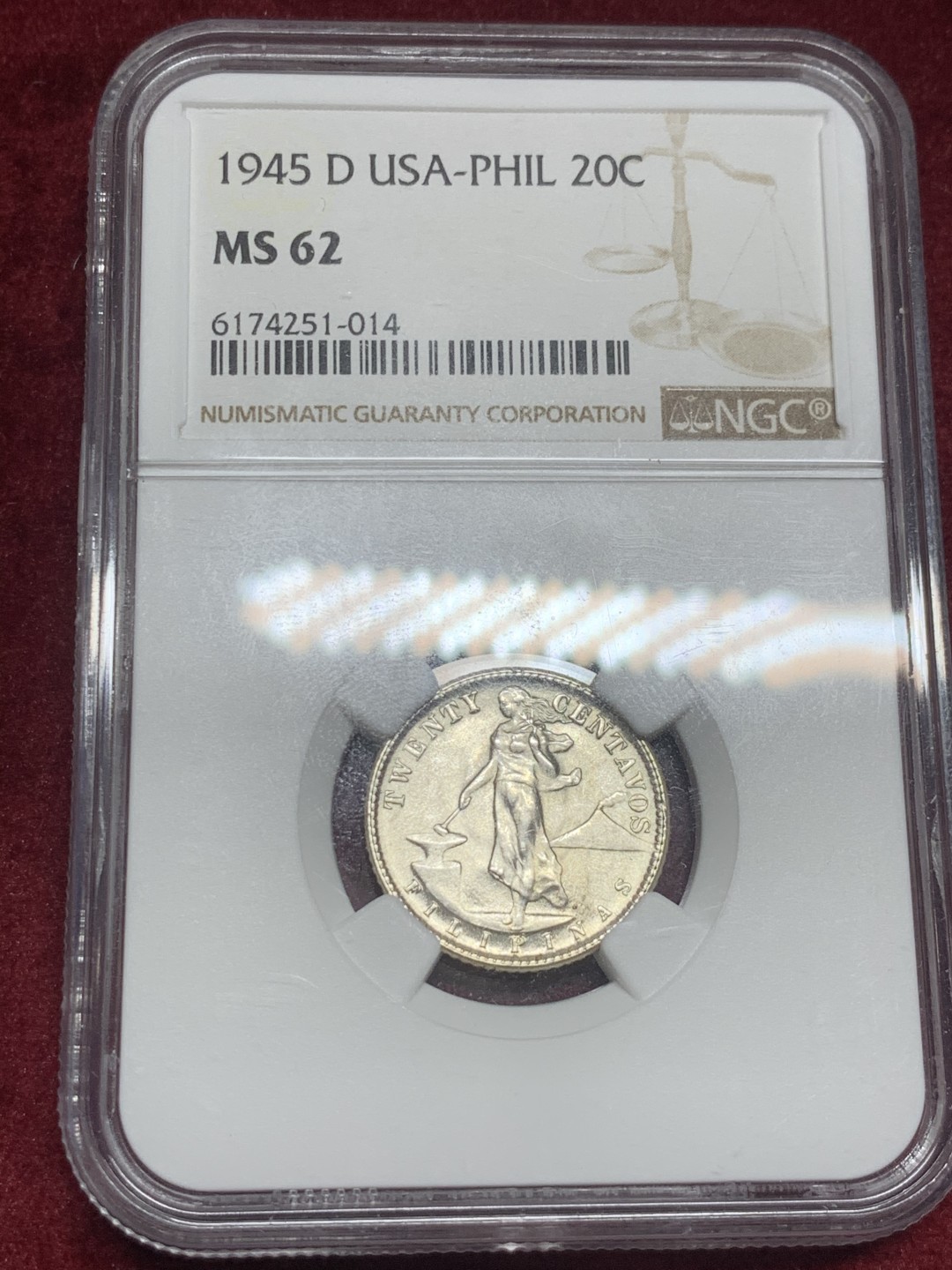 《竞宝斋》第63场-本周日 （全场不限金额包邮） NGC-MS62 美属菲律宾 1945年 20分 打铁女神 银币