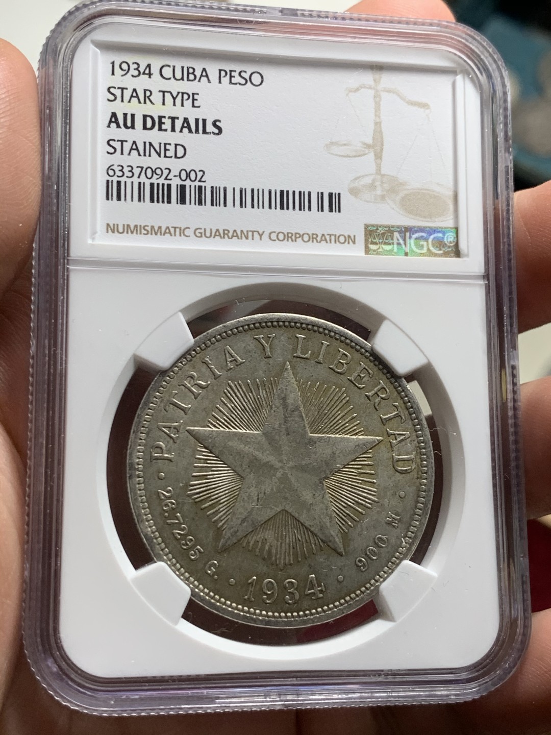《竞宝斋》第63场-本周日 （全场不限金额包邮） NGC-AU 古巴1934年 1比索大五星 银币 好品原味 这个没给分太可惜了