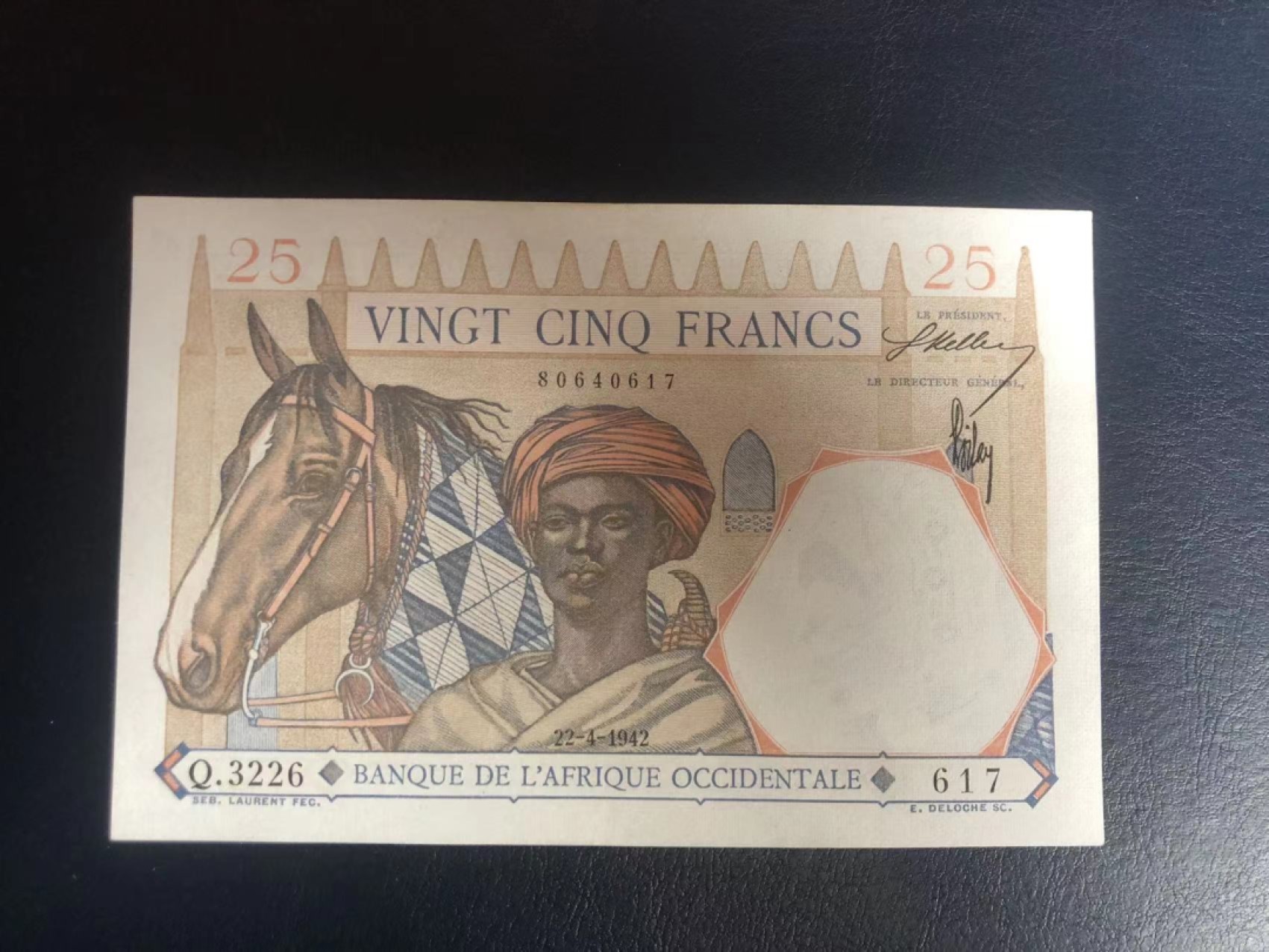 【Blue Auction】✨世界纸币精拍第190期【精】 法属西非 1942年25法郎 大金狮 au+品相