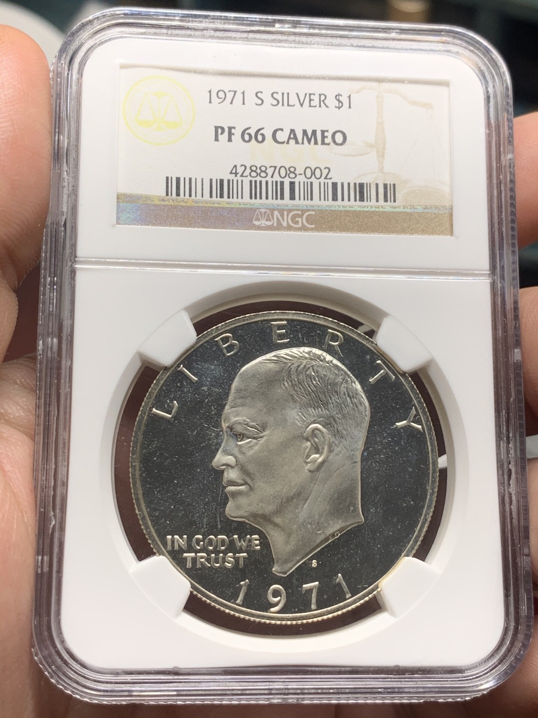 《竞宝斋》第63场-本周日 （全场不限金额包邮） NGC PF66CAMEO 美国1971年艾森豪威尔精制一美元银币