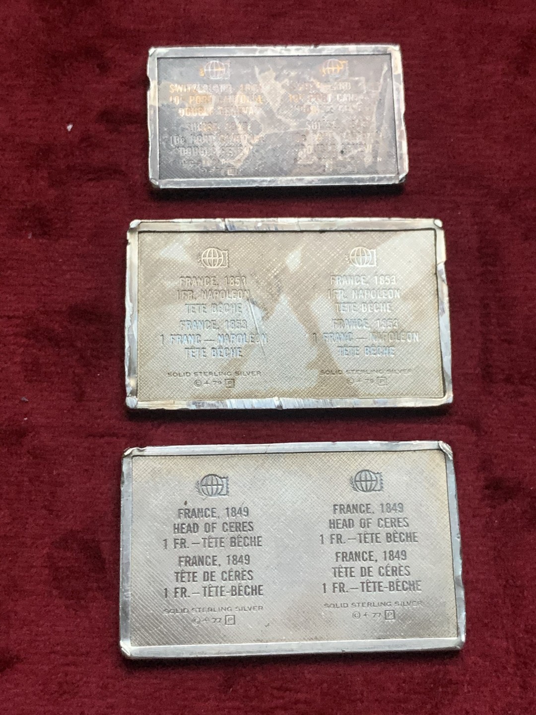 《竞宝斋》第63场-本周日 （全场不限金额包邮） 美国 弗兰克林造币厂 邮票型纯银银章 3枚一组 总重 43.7克