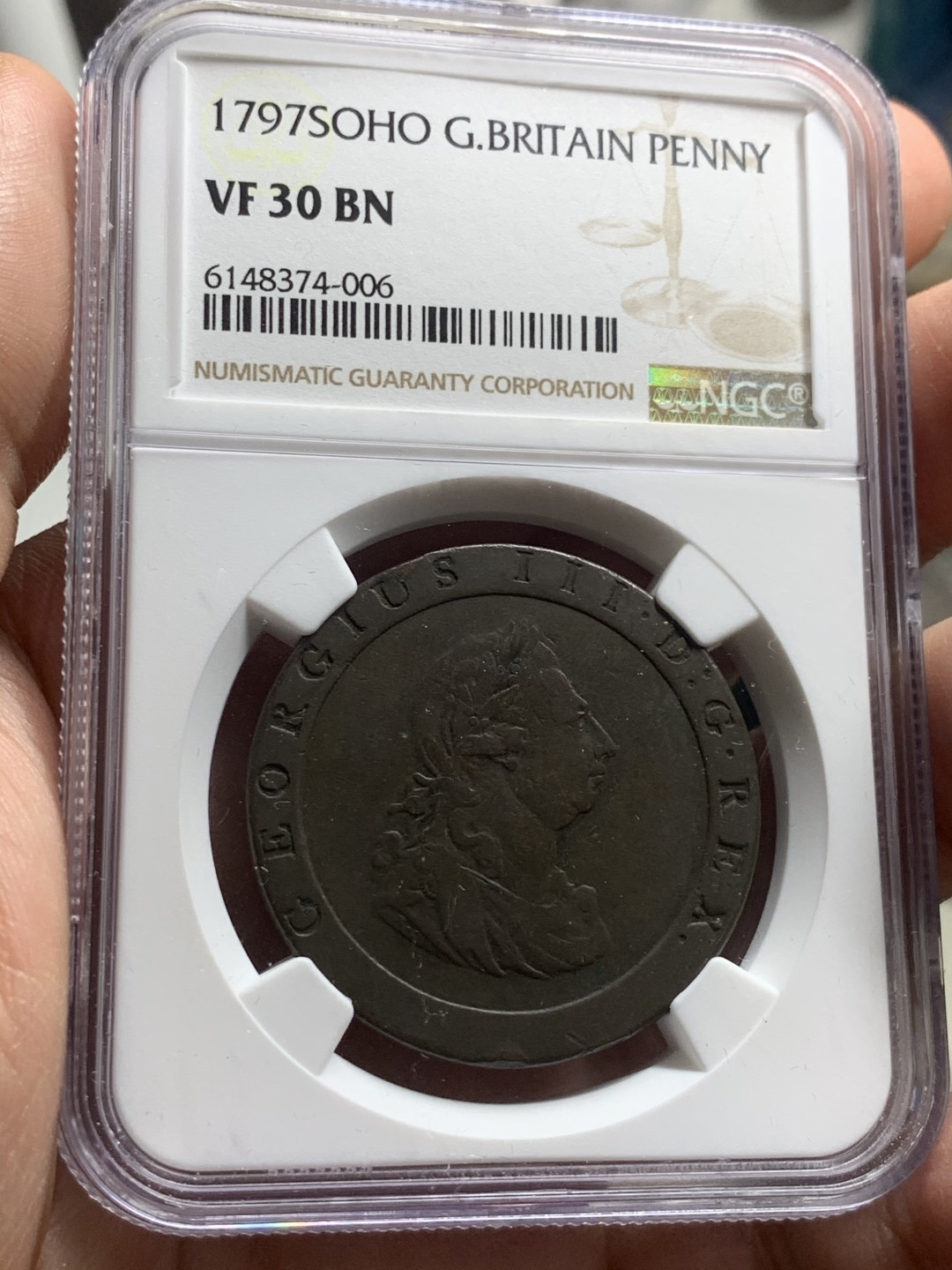 《竞宝斋》第63场-本周日 （全场不限金额包邮） ngc30分 1797年英国乔治三世车轮1便士大铜币，细节尚加无磕碰，上海n低评。