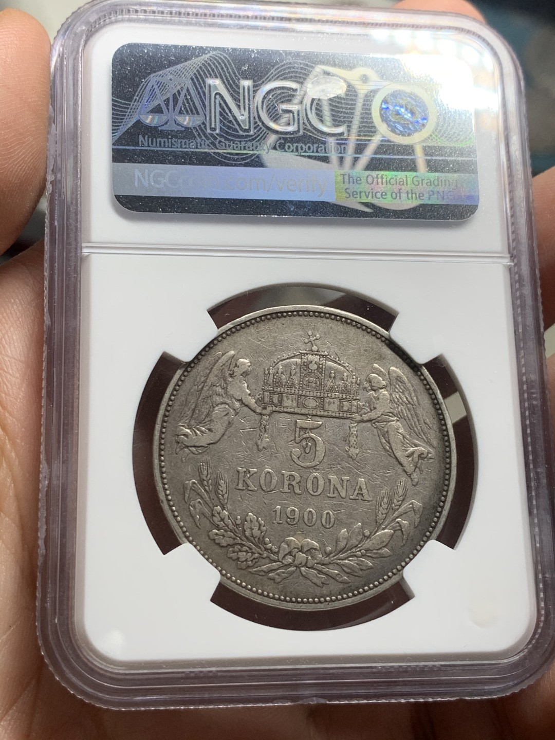 《竞宝斋》第63场-本周日 （全场不限金额包邮） NGC-VF35 匈牙利 1900年 5克朗 天使银币