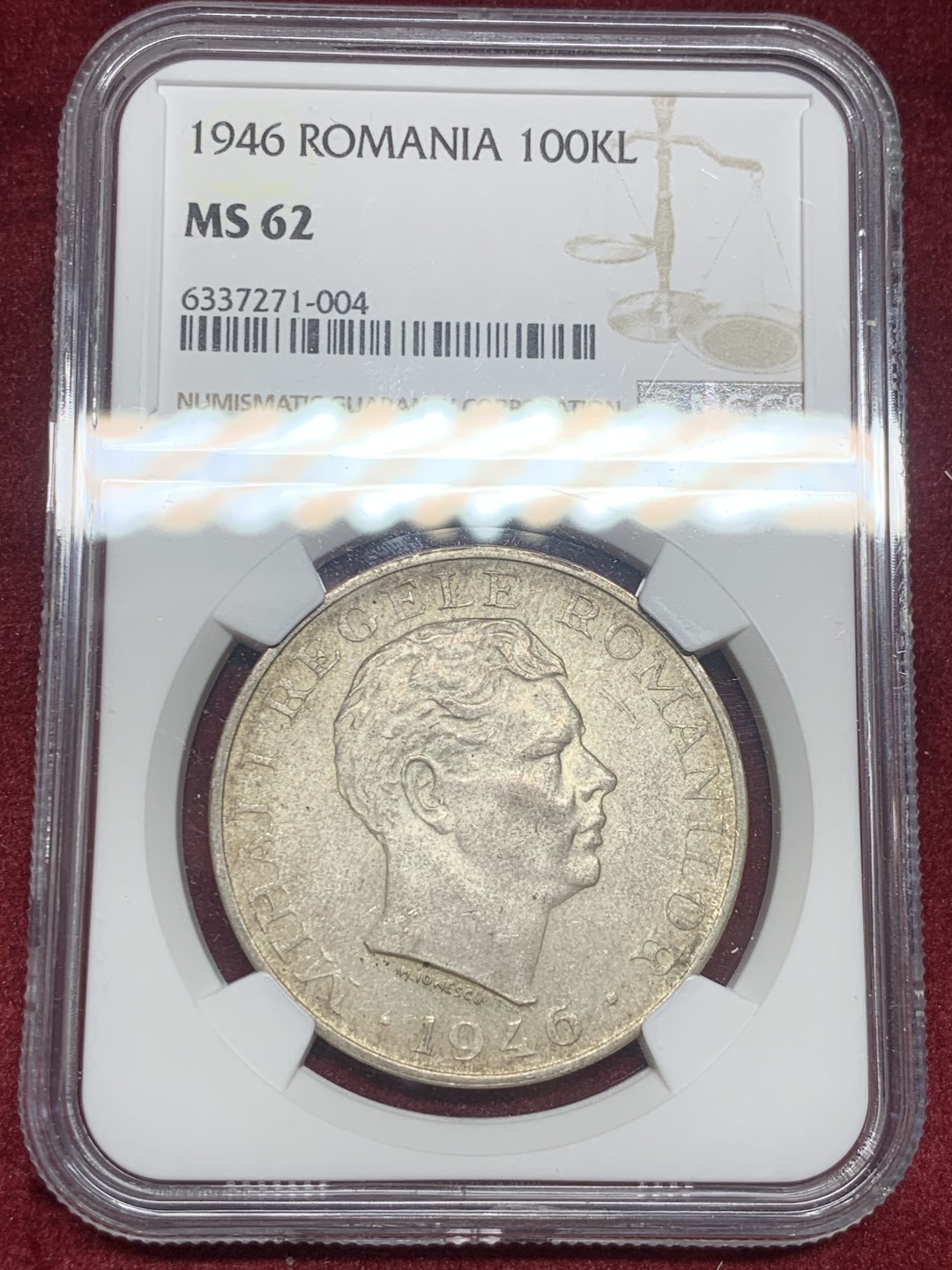 《竞宝斋》第63场-本周日 （全场不限金额包邮） NGC-MS62 罗马尼亚 1946年 100列伊 大银币 粉光原味 非常舒服