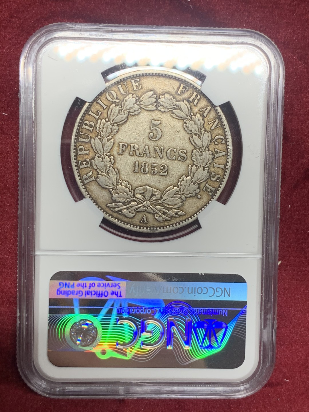 《竞宝斋》第63场-本周日 （全场不限金额包邮） NGC-VF35 法国 1852年 拿破仑三世无冠版 5法郎 大银币 好品原味