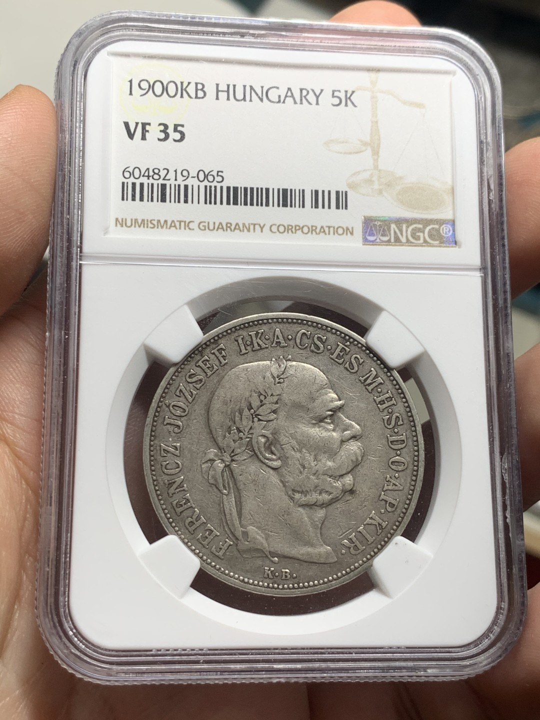 《竞宝斋》第63场-本周日 （全场不限金额包邮） NGC-VF35 匈牙利 1900年 5克朗 天使银币