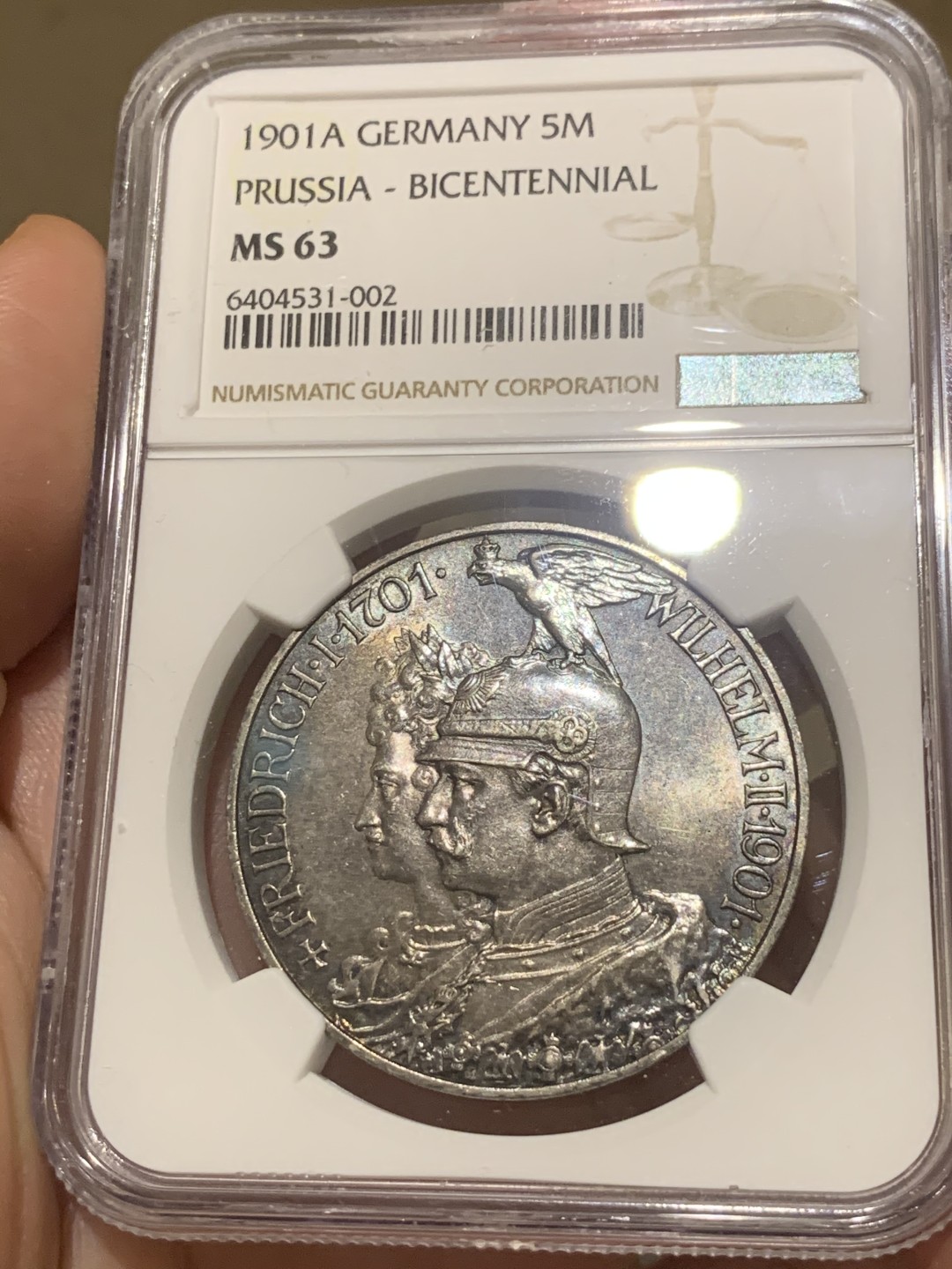 《竞宝斋》第63场-本周日 （全场不限金额包邮） NGC-MS63 德国普鲁士 1901年 200周年纪念 军装5马克 大银币 这样的黑包浆能给分 太难的了
