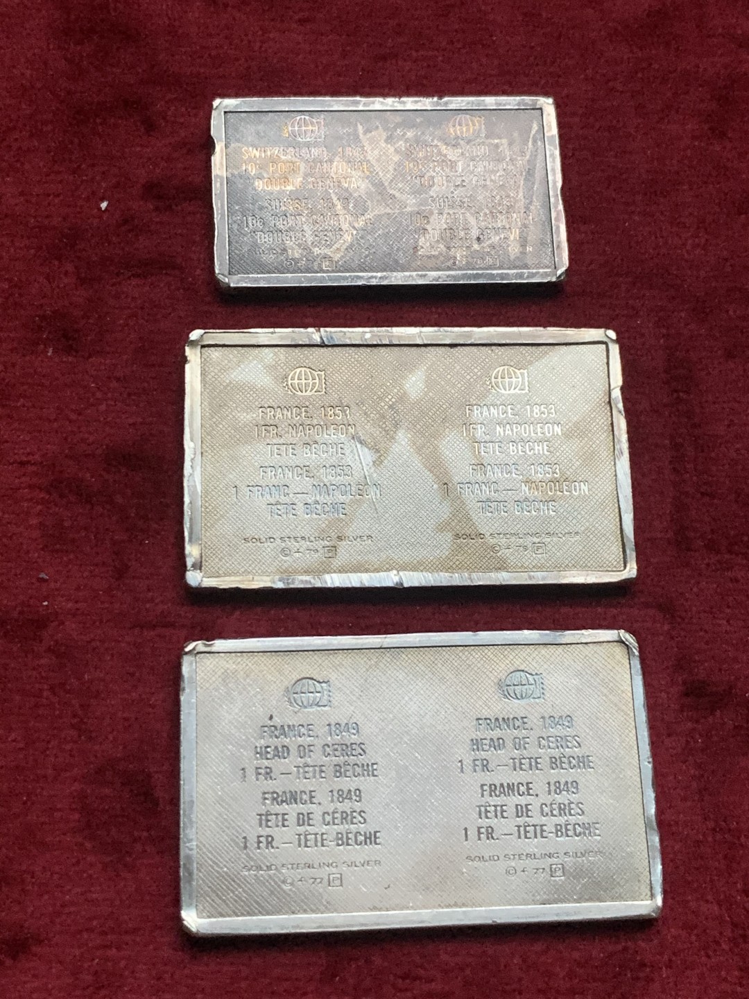 《竞宝斋》第63场-本周日 （全场不限金额包邮） 美国 弗兰克林造币厂 邮票型纯银银章 3枚一组 总重 43.7克