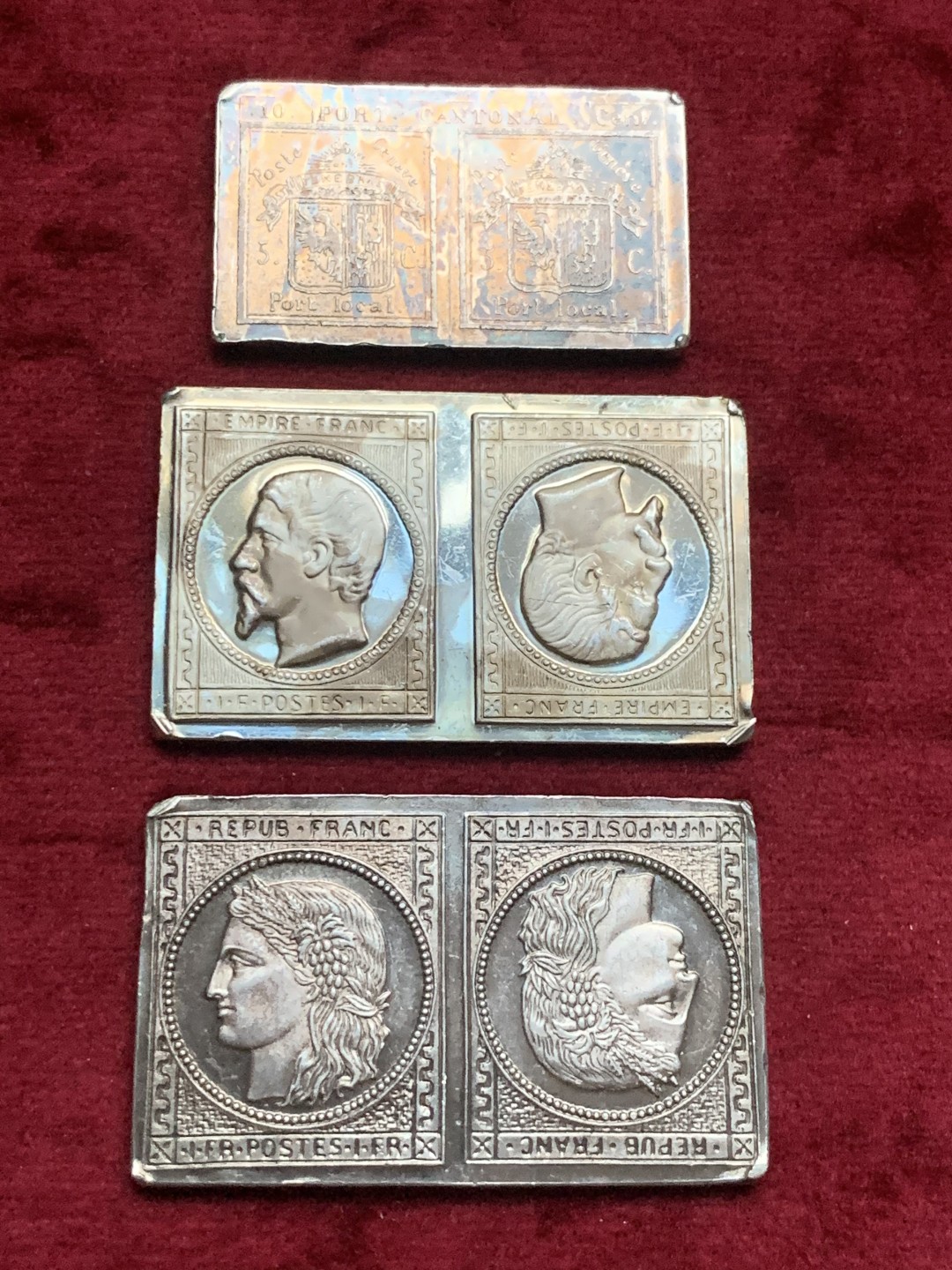 《竞宝斋》第63场-本周日 （全场不限金额包邮） 美国 弗兰克林造币厂 邮票型纯银银章 3枚一组 总重 43.7克