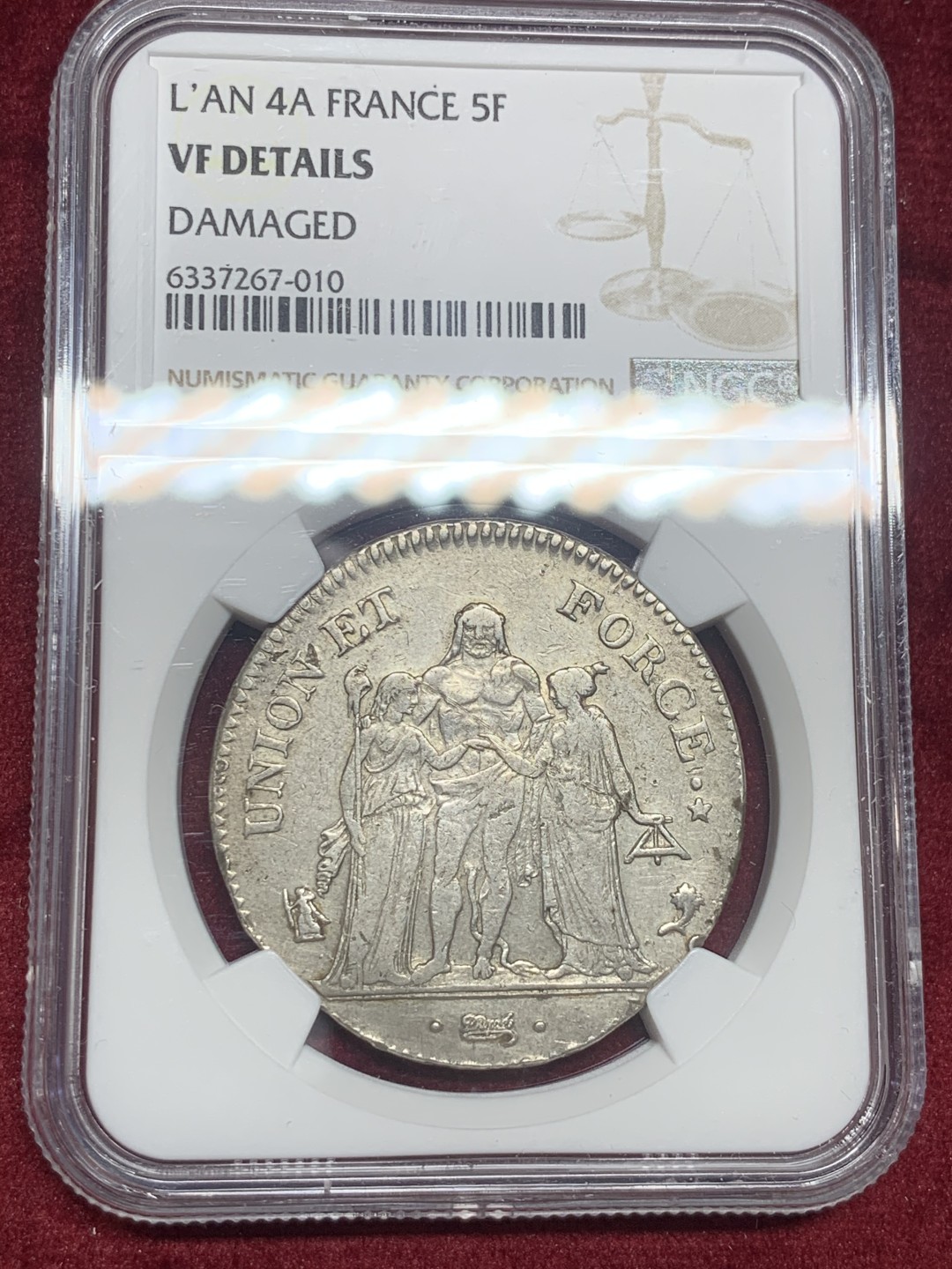 《竞宝斋》第63场-本周日 （全场不限金额包邮） NGC-VF 法国 LAN4 第一共和大力神 5法郎 大银币 稀少品质