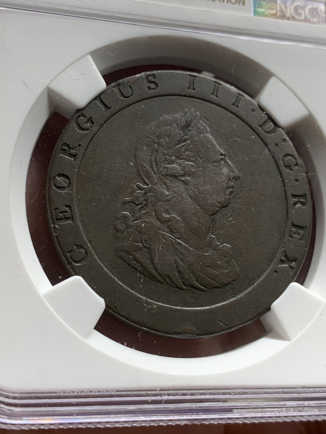 《竞宝斋》第63场-本周日 （全场不限金额包邮） ngc30分 1797年英国乔治三世车轮1便士大铜币，细节尚加无磕碰，上海n低评。