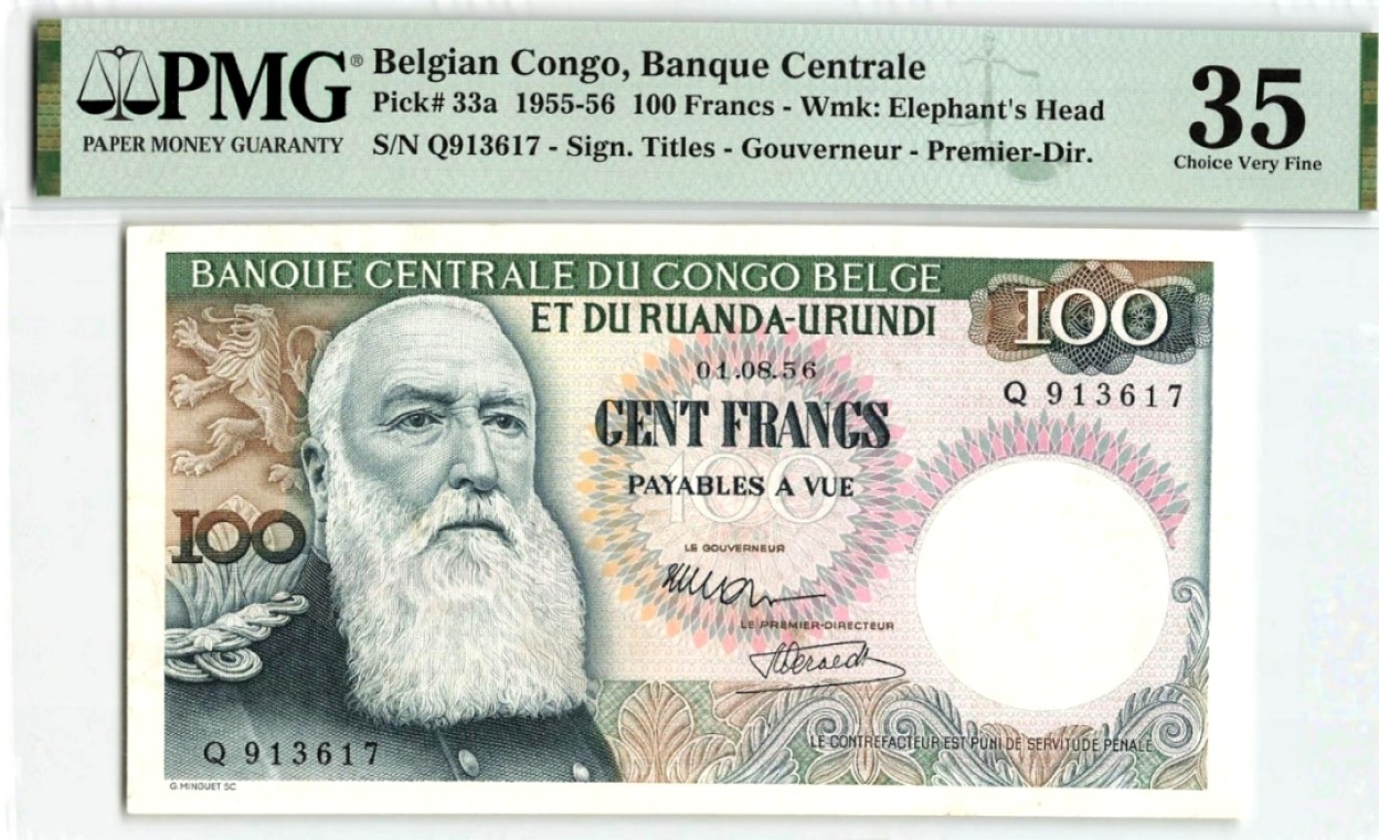 【Blue Auction】✨世界纸币精拍第190期【精】 【a版 状态好】比属刚果 1956年100法郎 PMG35 经典大胡子 象头水印 精美