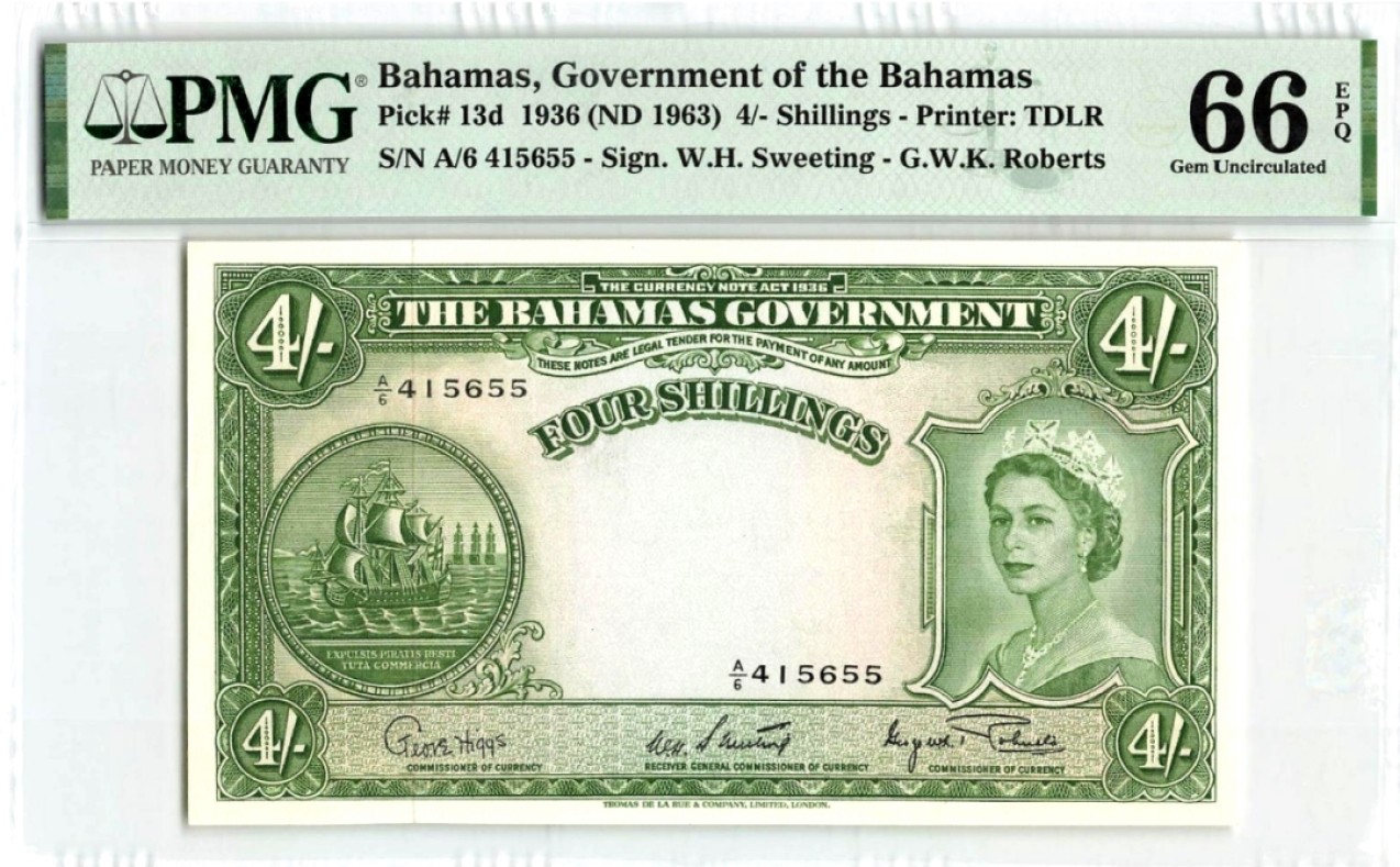【Blue Auction】✨世界纸币精拍第190期【精】  【增值品种】巴哈马 1963年4先令 大冠女王 精美 PMG66EPQ 高分 