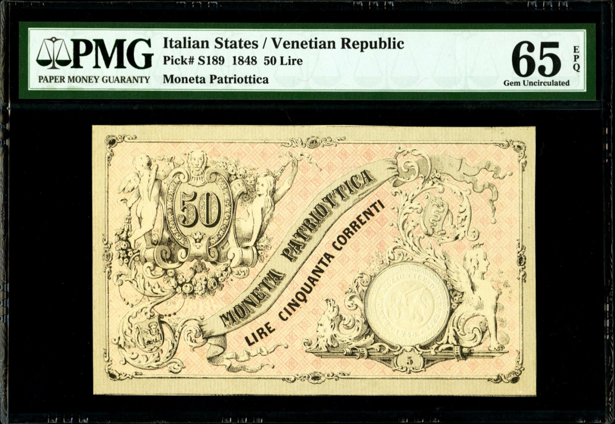 【Blue Auction】✨世界纸币精拍第190期【精】 【唯一冠军分极罕见】意大利 威尼斯共和国 1849年50里拉 PMG65EPQ绝品存世稀少 带飞狮钢戳 文物级别