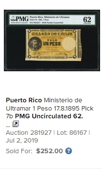 【Blue Auction】✨世界纸币精拍第190期【精】 西班牙属地波多黎各 1895年1比索 PCGS62EPQ 原票 