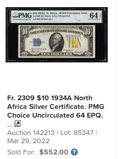 【Blue Auction】✨世界纸币精拍第190期【精】 【无47】美国 1934年10美金 北非券 PMG64EPQ 