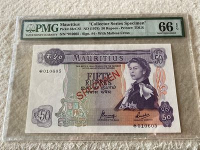 收藏联盟Quantum Auction第166期 即将开拍还有很多大漏等着您！大货送拍返佣活动进行时 - 1978年毛里求斯50卢比样钞 戎装女王 PMG66E