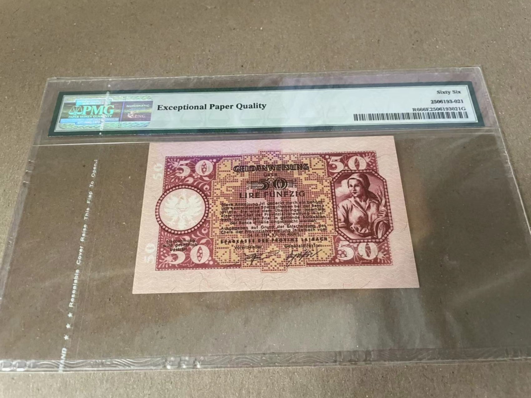 【Blue Auction】✨世界纸币精拍第190期【精】 【A冠 乱蛇号】斯洛文尼亚 1944年50里拉 PMG66EPQ