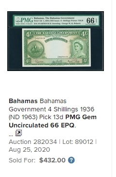 【Blue Auction】✨世界纸币精拍第190期【精】  【增值品种】巴哈马 1963年4先令 大冠女王 精美 PMG66EPQ 高分 