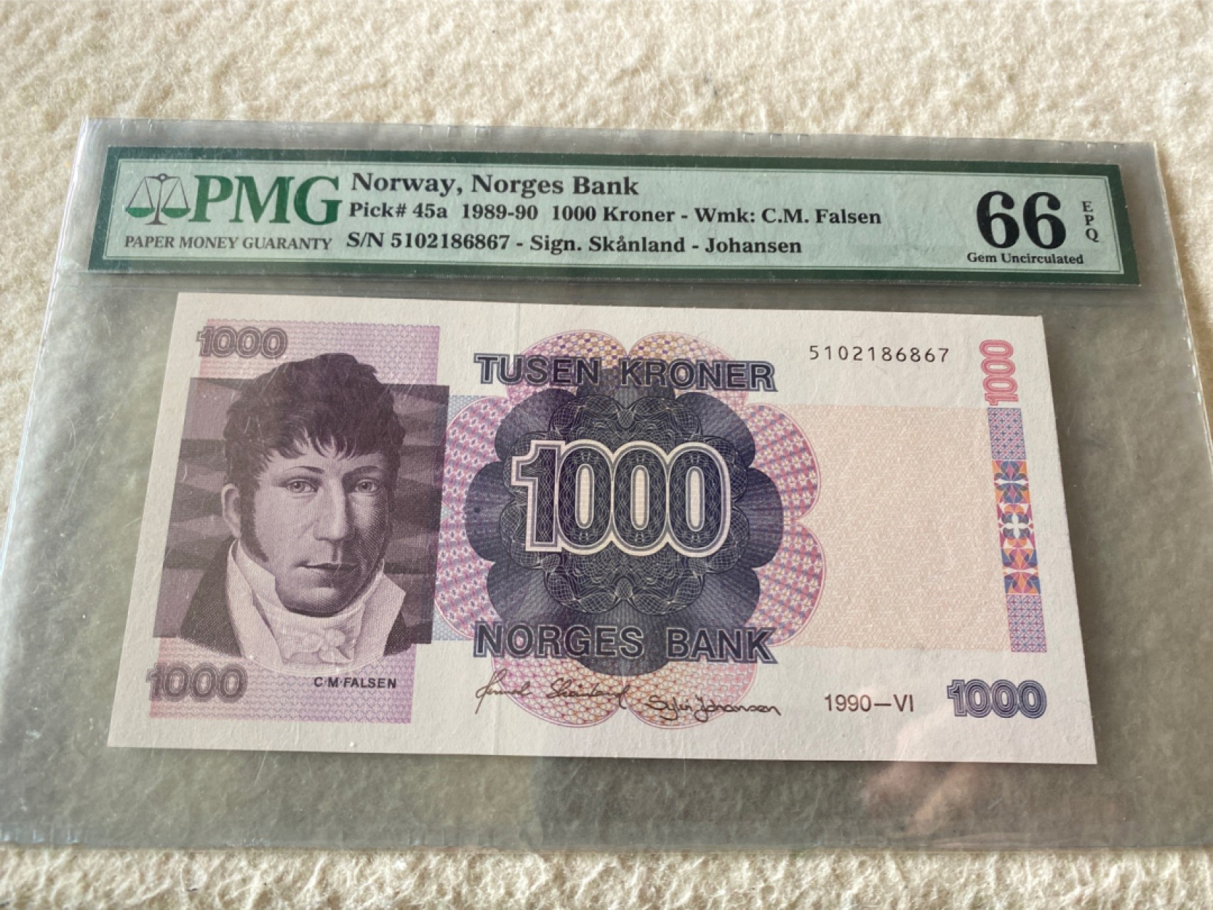 收藏联盟Quantum Auction第166期 即将开拍还有很多大漏等着您！大货送拍返佣活动进行时 1990年挪威1000克朗 PMG66E