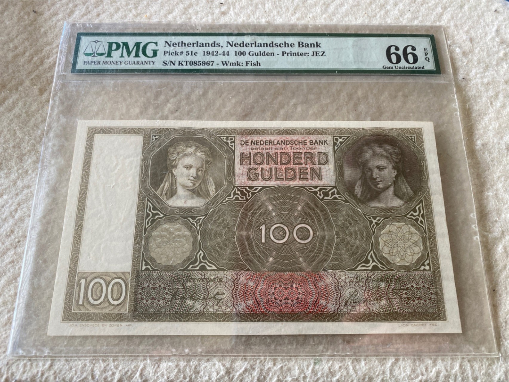 收藏联盟Quantum Auction第166期 即将开拍还有很多大漏等着您！大货送拍返佣活动进行时 1942年荷兰100盾 PMG66E