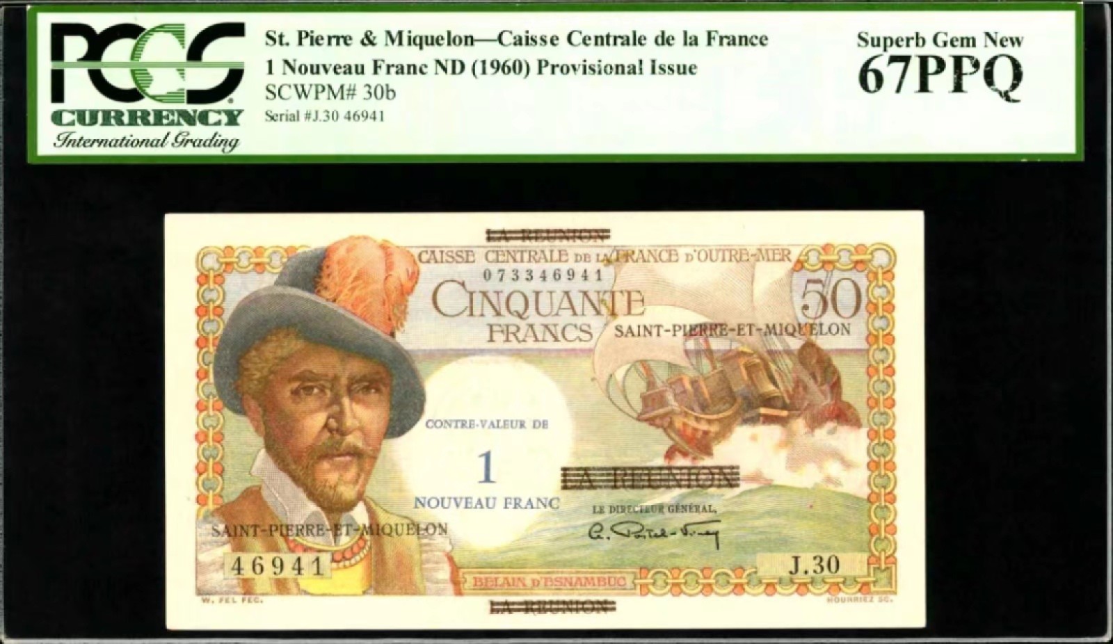 【Blue Auction】✨世界纸币精拍第190期【精】 圣皮埃尔和密克隆 1960年 1新法郎 PCGS67EPQ 经典白奶球