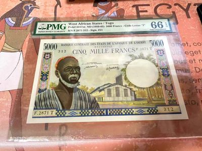 【Blue Auction】✨世界纸币精拍第190期【精】 -  法属西非 1959-65年5000法郎 多哥版 PMG66EPQ 经典大奶妈