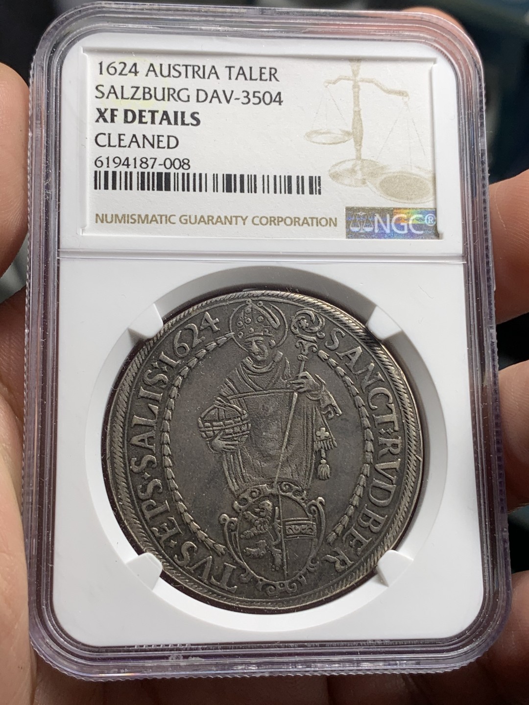 《竞宝斋》中天佳节（端午节特拍）6月12日-周日-第64场 NGC-XFD 奥地利萨尔茨堡 1624年 泰勒银币 原味包浆 45左右的品相，可惜没给分