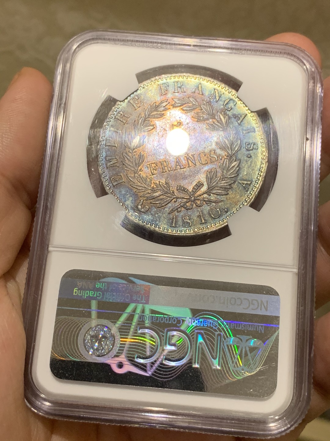 《竞宝斋》中天佳节（端午节特拍）6月12日-周日-第64场 NGC-AU58 法国 法兰西第一帝国 1810-A 拿破仑一世5法郎 NGC评级季军分 深邃靛青包浆 元银铺翠 紫霞成绮 浮雕深刻 高点具在