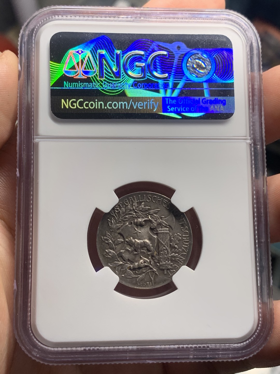 《竞宝斋》中天佳节（端午节特拍）6月12日-周日-第64场 NGC亚军分 MS64 瑞士1906年圣加伦射击节银章 以小见大 精细程度难以言表 灰黑包浆 法西斯权杖和小熊盾徽 高浮雕工艺 值得收藏