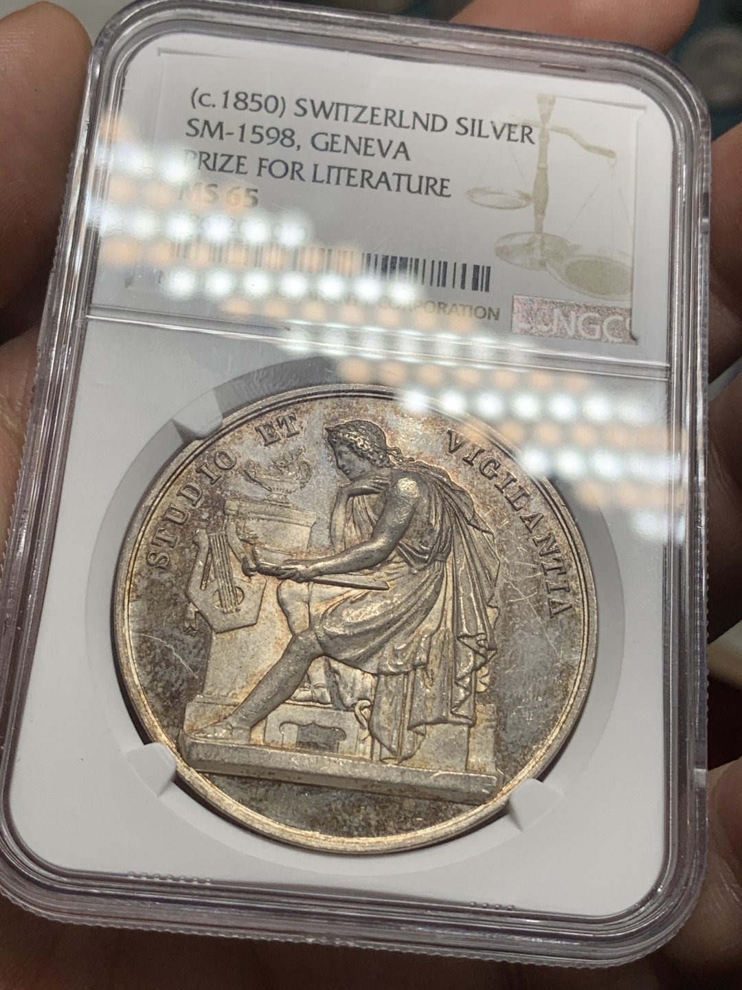 《竞宝斋》中天佳节（端午节特拍）6月12日-周日-第64场 NGC MS65 瑞士1850年日内瓦学院文学奖章银章 包浆醇美 品相状态一流