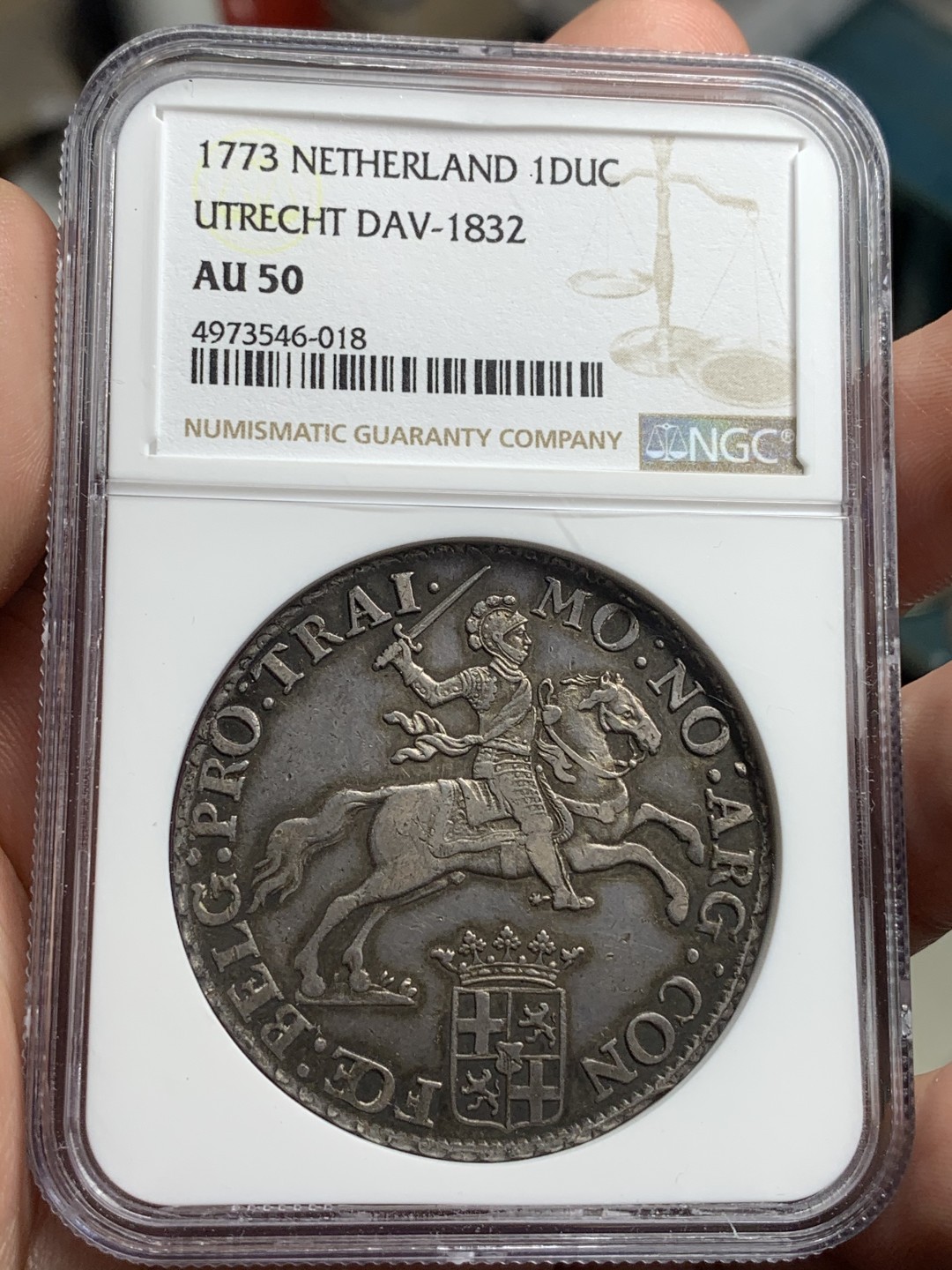 《竞宝斋》中天佳节（端午节特拍）6月12日-周日-第64场 NGC AU50 荷兰1773年 乌特勒支省 1杜卡特大银币 正反打制均匀 骑士的头盔及脸部清晰 原味包浆 值得收藏
