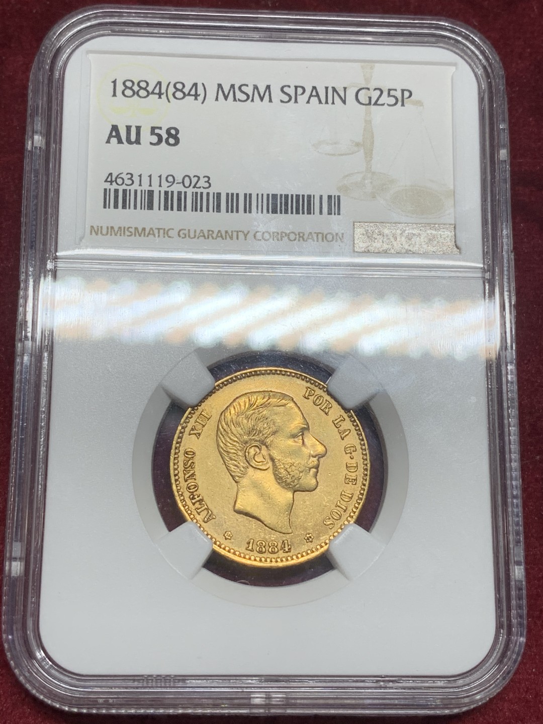 《竞宝斋》中天佳节（端午节特拍）6月12日-周日-第64场 NGC AU58 西班牙1884年阿方索十二世25比塞塔金币 不错的分数 更好的性价比