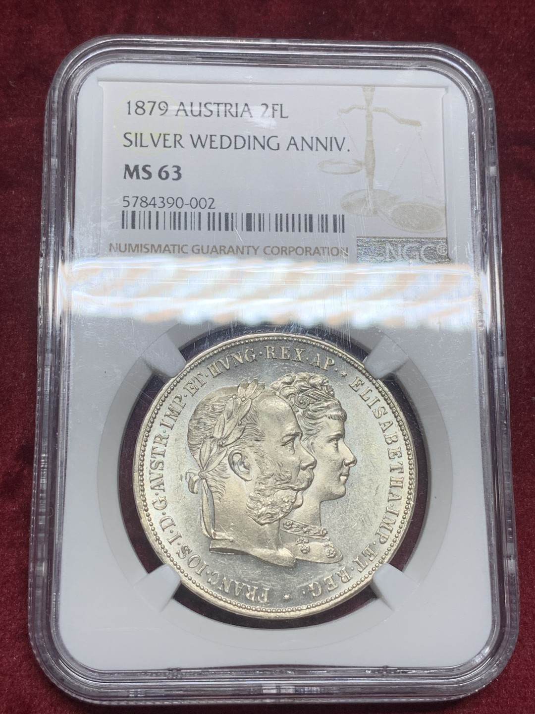 《竞宝斋》中天佳节（端午节特拍）6月12日-周日-第64场 NGC MS63 奥地利 1879年 弗朗茨和茜茜公主银婚 2弗洛林 银币  最热的品种 状态太好 描述词穷 见图 见视频吧