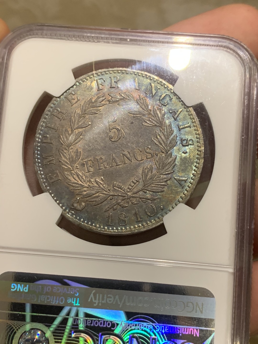 《竞宝斋》中天佳节（端午节特拍）6月12日-周日-第64场 NGC-AU58 法国 法兰西第一帝国 1810-A 拿破仑一世5法郎 NGC评级季军分 深邃靛青包浆 元银铺翠 紫霞成绮 浮雕深刻 高点具在