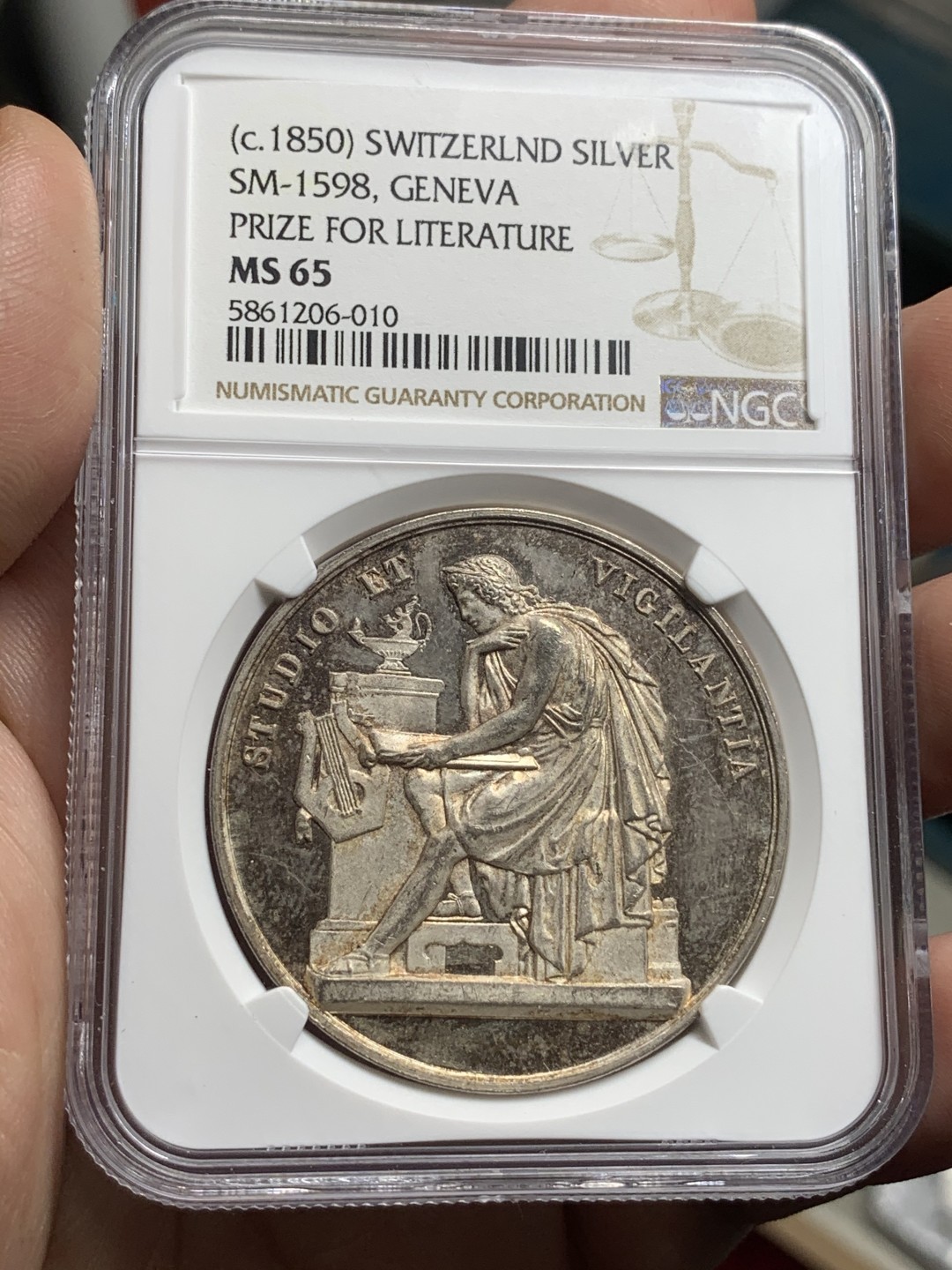 《竞宝斋》中天佳节（端午节特拍）6月12日-周日-第64场 NGC MS65 瑞士1850年日内瓦学院文学奖章银章 包浆醇美 品相状态一流
