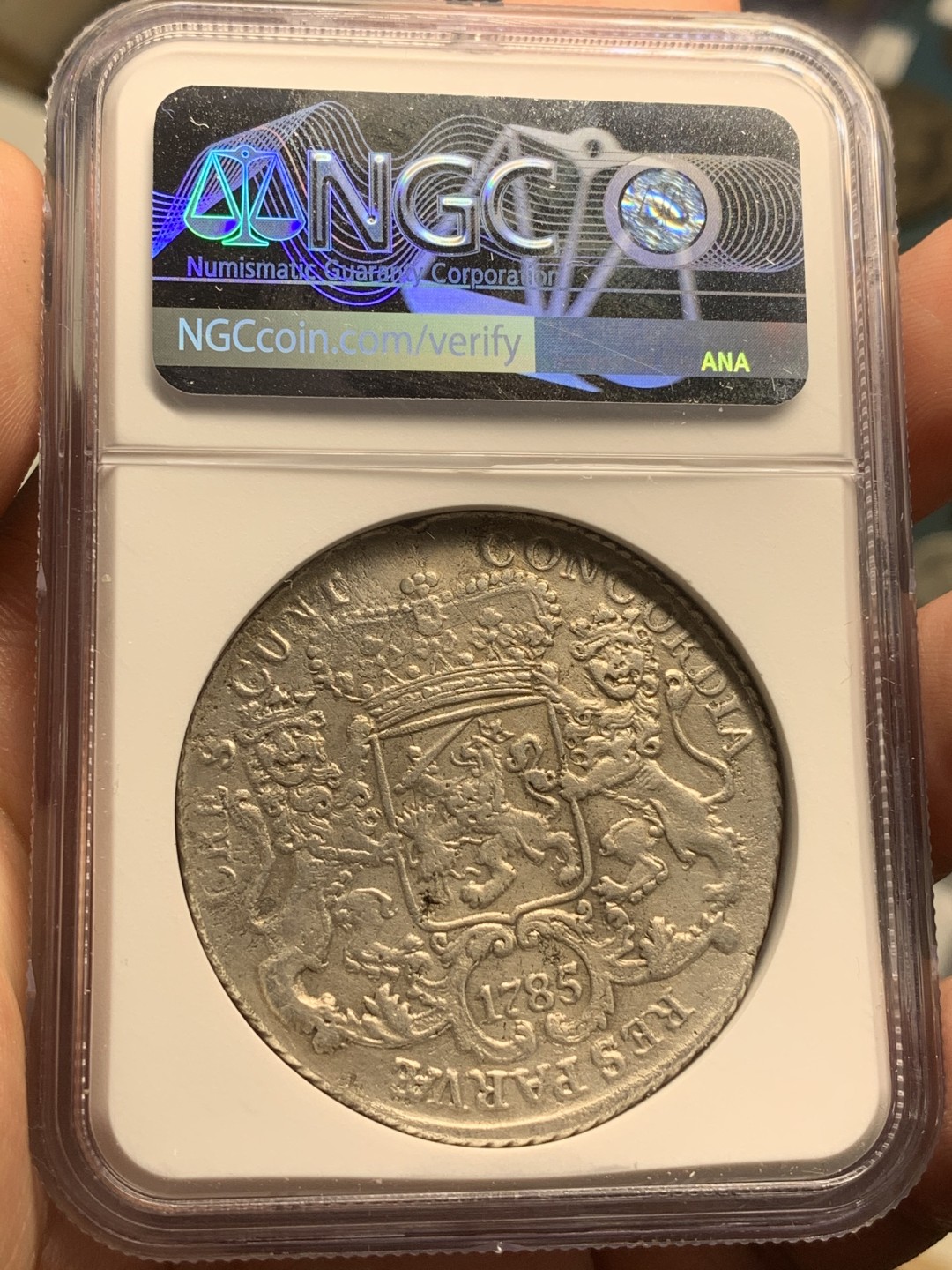 《竞宝斋》中天佳节（端午节特拍）6月12日-周日-第64场 NGC-XF 荷兰 1785年   西弗里斯兰 大马剑 银币 正反深打好细节 骑士脸部清晰 不多见的省 32克多的大银币