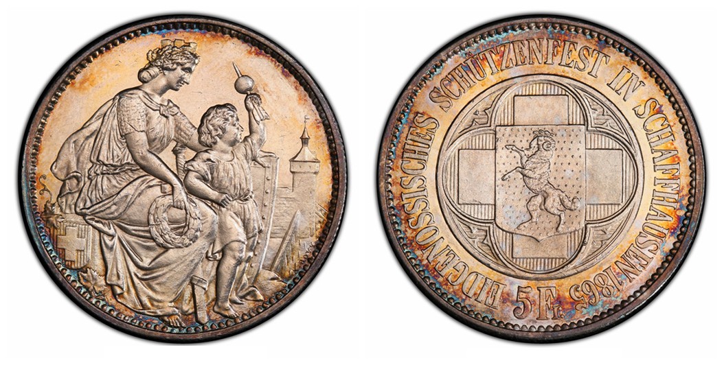 《竞宝斋》中天佳节（端午节特拍）6月12日-周日-第64场 PCGS UNC 瑞士1865年 沙夫豪森狩猎节大银币 彩的无以复加 太好看了，色迷心窍的感觉 见图见视频