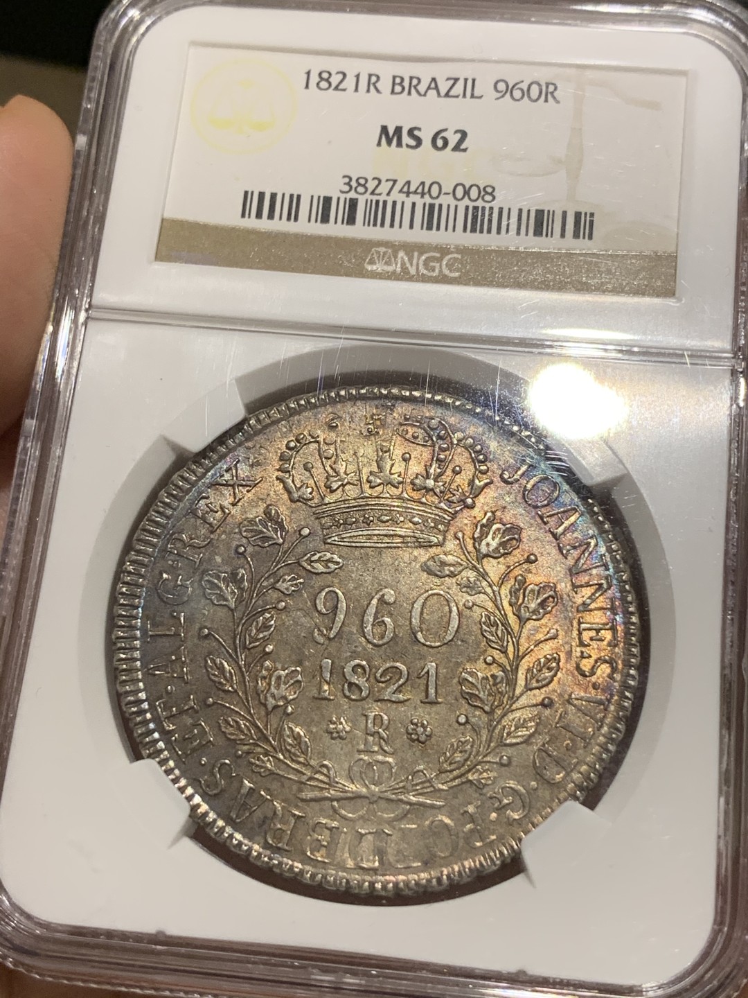 《竞宝斋》中天佳节（端午节特拍）6月12日-周日-第64场 NGC-MS62 巴西 1821年 花枝版 960R 五彩包浆 大银币 此款稀少很多 也是疯涨的品种