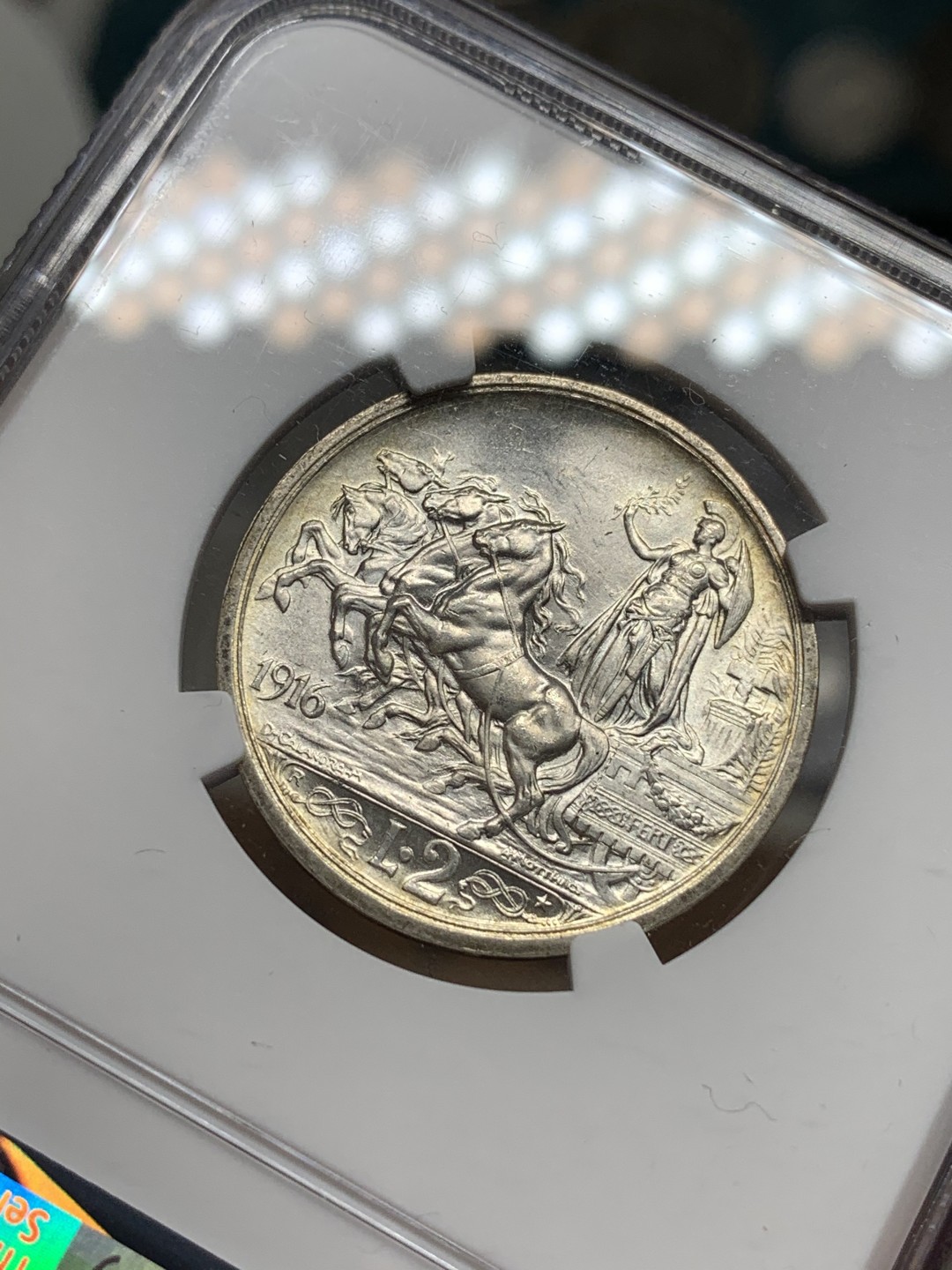 《竞宝斋》中天佳节（端午节特拍）6月12日-周日-第64场 NGC-MS64 意大利 1916R 2里拉银币 胜利女神马车女神 背面细节完好清晰 顶级品相！可以收藏