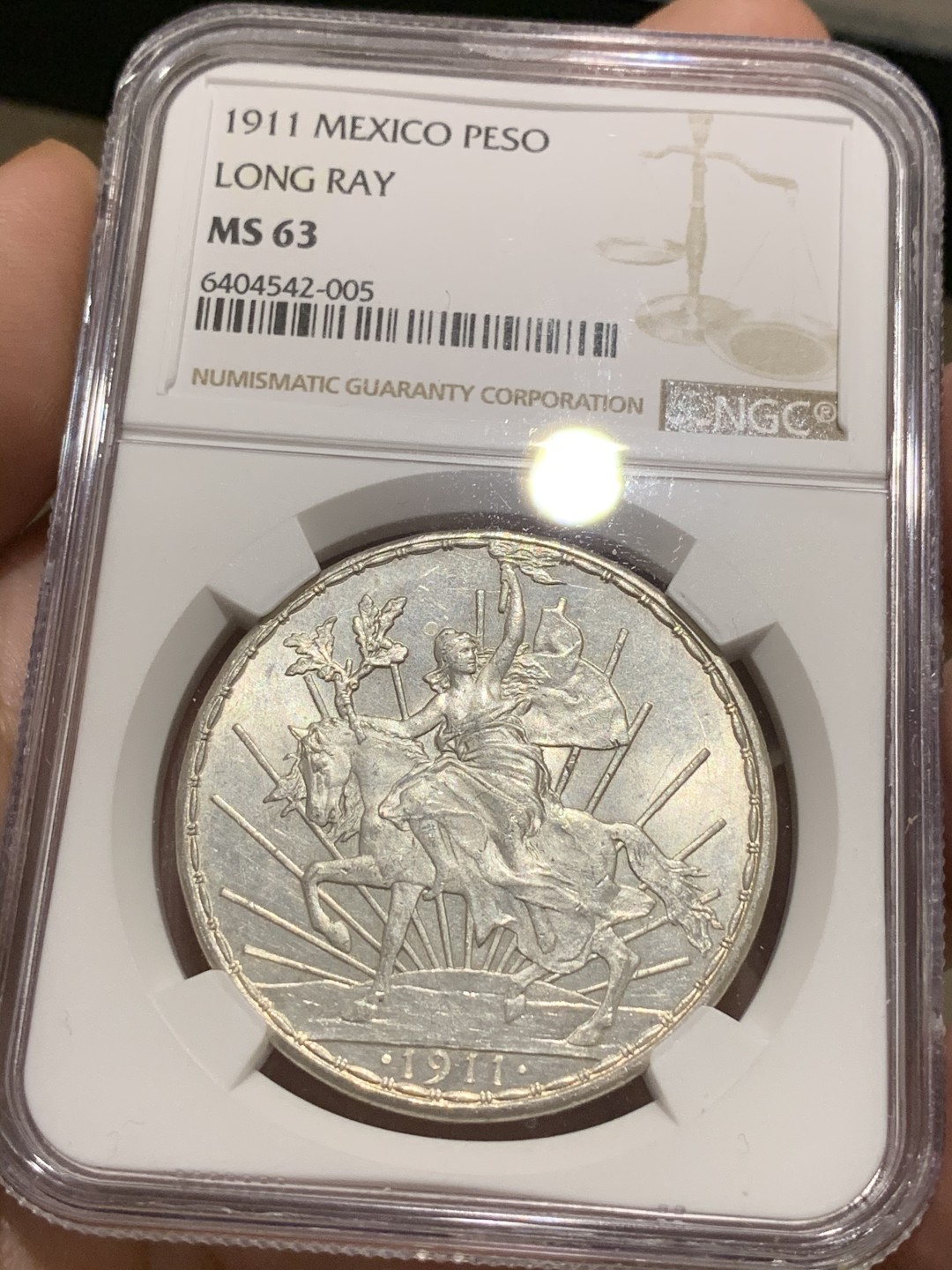 《竞宝斋》中天佳节（端午节特拍）6月12日-周日-第64场 NGC-MS63 墨西哥 1911年 长射线版 骑马鹰洋 1比索 大银币 顶级的原光好品 终身收藏