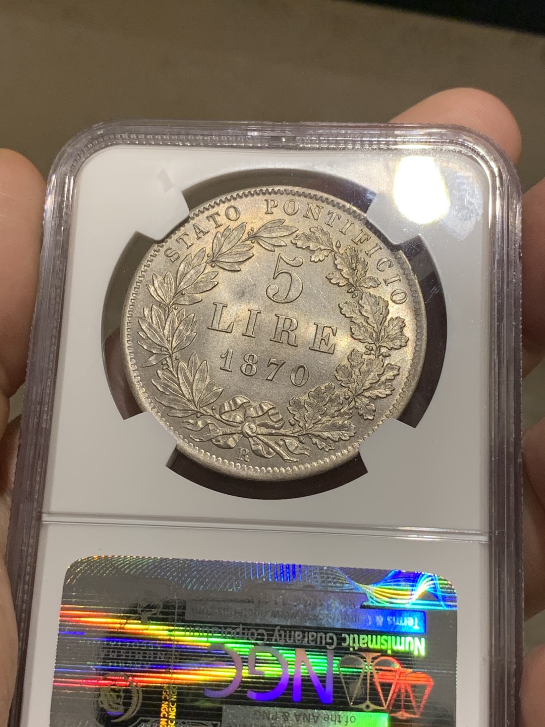 《竞宝斋》中天佳节（端午节特拍）6月12日-周日-第64场 NGC-MS62 梵蒂冈 1870年 教皇 5里拉 大银币 丝滑的底板 老盒子严评